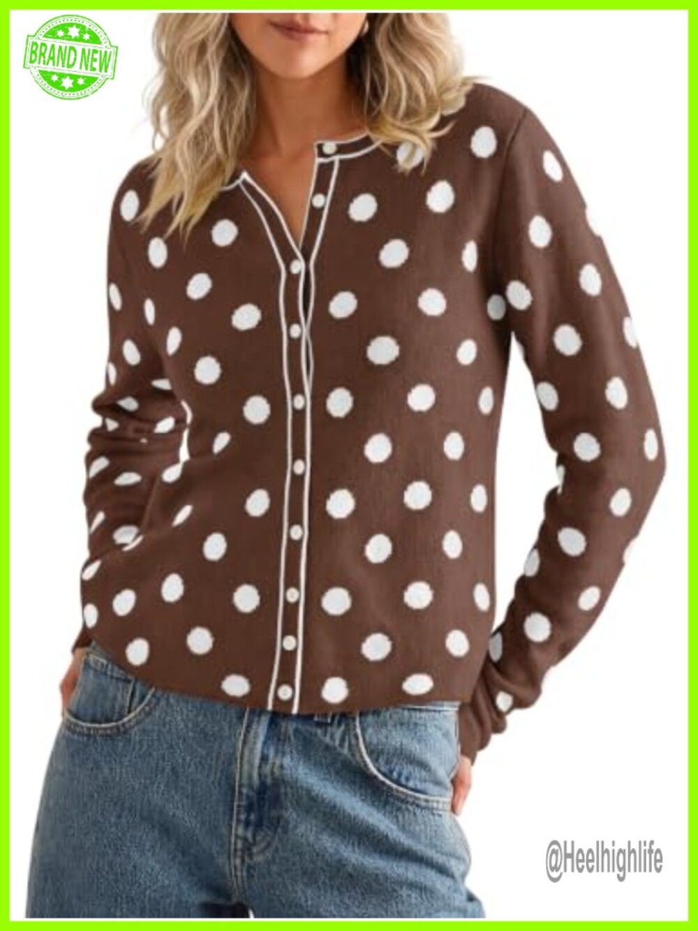 Soft Knit Polka Dot Button Up Cardigan Long Sleeve Sweater Top
